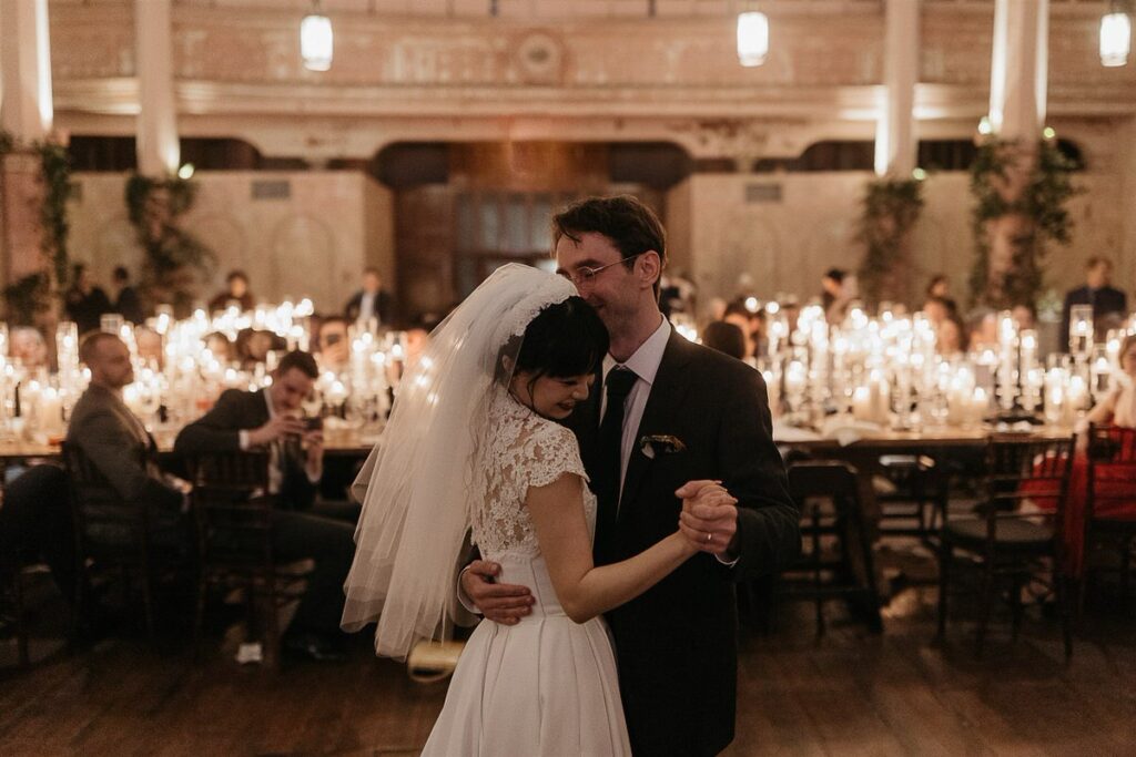 A bride and groom during their first dance 