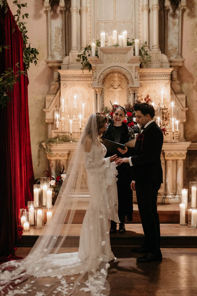 A couple exchanging rings during their wedding ceremony