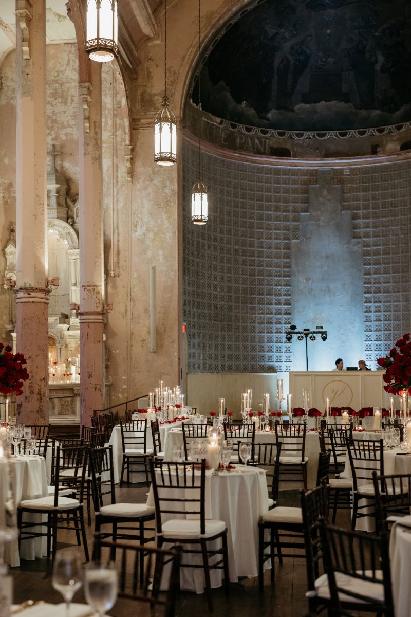 the inside of hotel peter and paul's chapel decorated for a wedding reception 